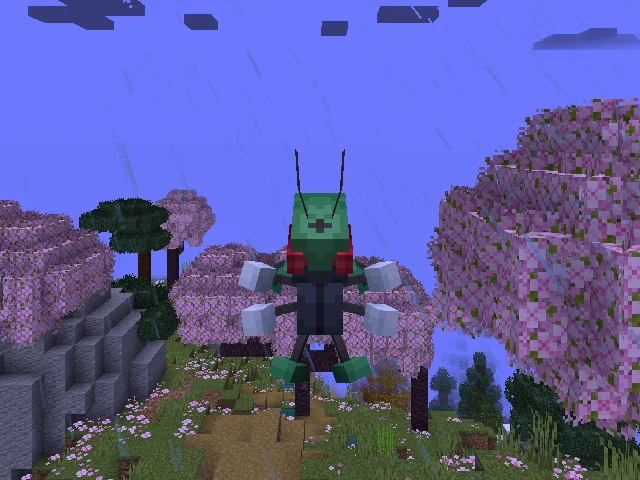 Hero Ledian hovering among cherry trees, with green armor, red eyes, a dark body and silver fists.