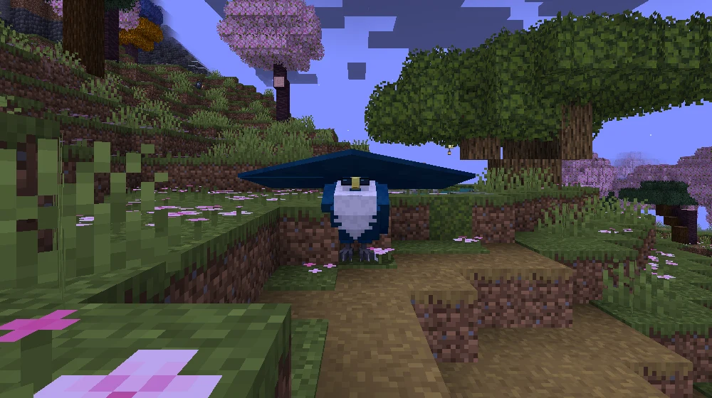 A dark-blue Honchkrow wearing sunglasses beneath a brim much wider than its body.